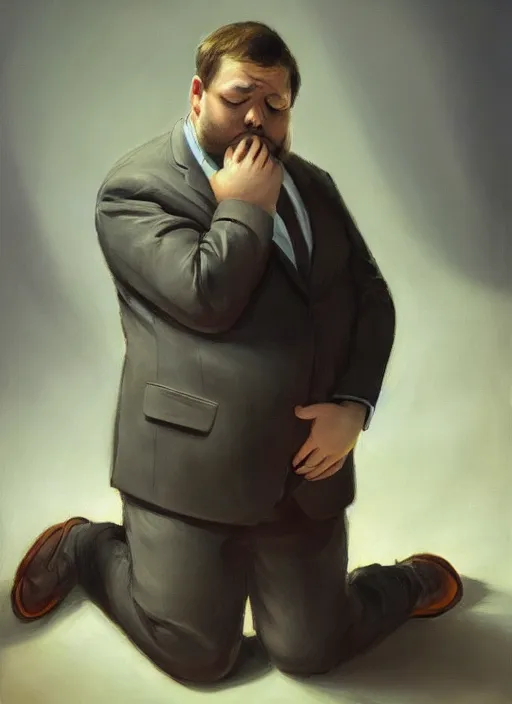 Prompt: insanely detailed chiaroscuro image of a sleepy - looking chubby well - dressed programmer guy on his knees facing his glowing ultrawide monitor begging it for forgiveness, oil on canvas, masterwork, fine detail, trending on artstation, emotive, insanely compelling, ryden, koons, moebius