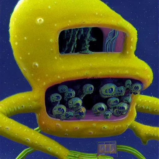 Prompt: painting of alien sponge creature that looks like spongebob, in the style of wayne barlowe