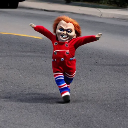 Image similar to chucky doll chasing himself down the street while screaming