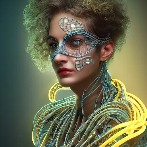 Prompt: woman integrating with technology, full face, detailed intricate ornate cables connected to head, luscious hair, big open electric eyes, luxurious detailed abundent wiring and implants, sci-fi, neon, detailed technology full background, highly detailed, Rene Lalique and Eddie Mendoza