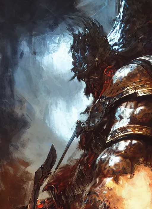 Image similar to ancient historically accurate depiction of the Bible Character Goliath of Gath, the Philistine warrior giant in ancient persian chainmail armor, dramatic lighting art by Yoji Shinkawa by Richard Schmid by greg rutkowski by Sandra Chevrier by Jeremy Lipking cinematic dramatic