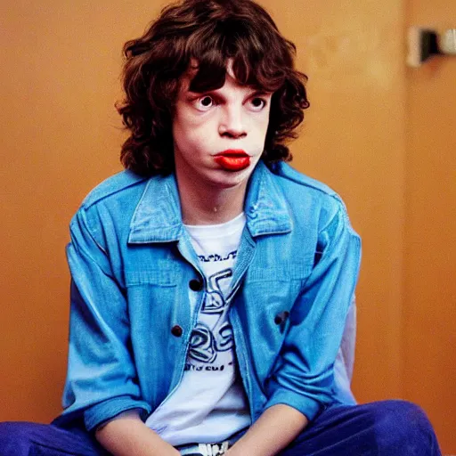 Prompt: Mick Jagger as Dustin in Stranger Things, red and blue light