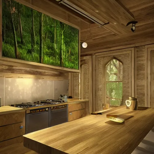 Image similar to a forest - themed kitchen, trending on artstation, hdr