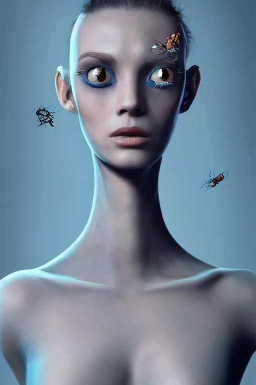 Prompt: beautiful studio portrait of an elegant blue alien woman with insect eyes, wearing an outfit made from plutonium, character art, silicone skin, symmetrical face, by luc besson and denis villeneuve, the 5 th element, hyperrealism, cinematrographic, sharp details, 3 5 mm, f / 2 4, masterpiece, artstation