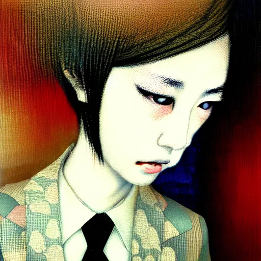 Image similar to yoshitaka amano blurred and dreamy realistic three quarter angle portrait of a young woman with short hair and black eyes wearing office suit with tie, junji ito abstract patterns in the background, satoshi kon anime, noisy film grain effect, highly detailed, renaissance oil painting, weird portrait angle, blurred lost edges