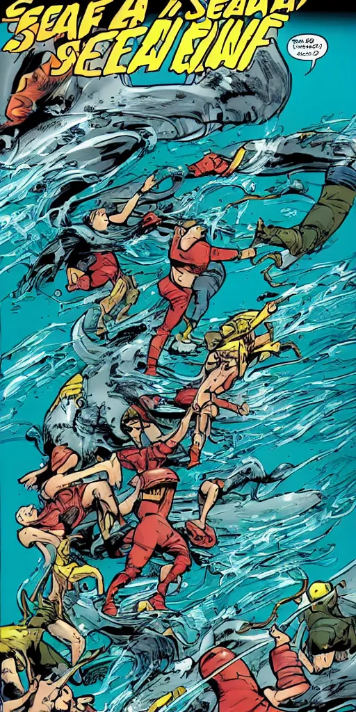 Image similar to comic book about a crew battling a sea creature