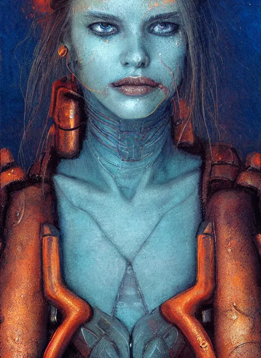 Image similar to ( ( symmetry ) ) closeup portrait of a stunning cyborg girl crying in tears, armor set, strong cinematic light, backlit, teal orange, viscous volumetric smoke, mist, by gerald brom, by mikhail vrubel, by peter elson, muted colors, extreme detail, trending on artstation, 8 k