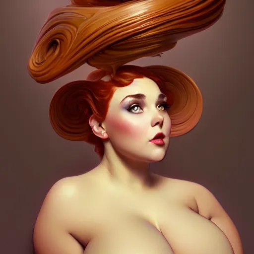 Image similar to curvy woman with a bundt cake as hair, digital art, cinematic, concept art, 8k, painting, imaginefx, cgsociety, art nouveau, Alphonse Mucha, trending on artstation, wide shot, full shot