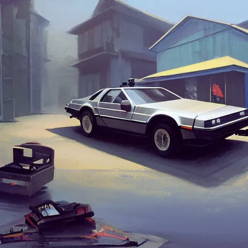 Image similar to a cinematic matte painting of a boxy 1 9 8 0 s delorean - like car with solar panels on roof and doors, being worked on by a mechanic, in a cluttered garage in india. by edward hopper, glennray tutor and greg rutkowski. trending on artstation.