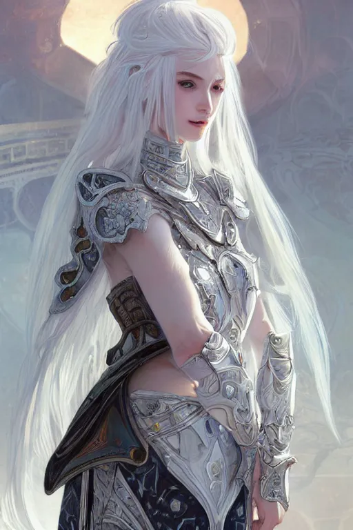 Image similar to portrait white hair knights of zodiac girl, sliver ice color reflected armor, in ruined agora of athens sunrise, ssci - fi and fantasy, intricate and very very beautiful and elegant, highly detailed, digital painting, artstation, concept art, smooth and sharp focus, illustration, art by tian zi and wlop and alphonse mucha