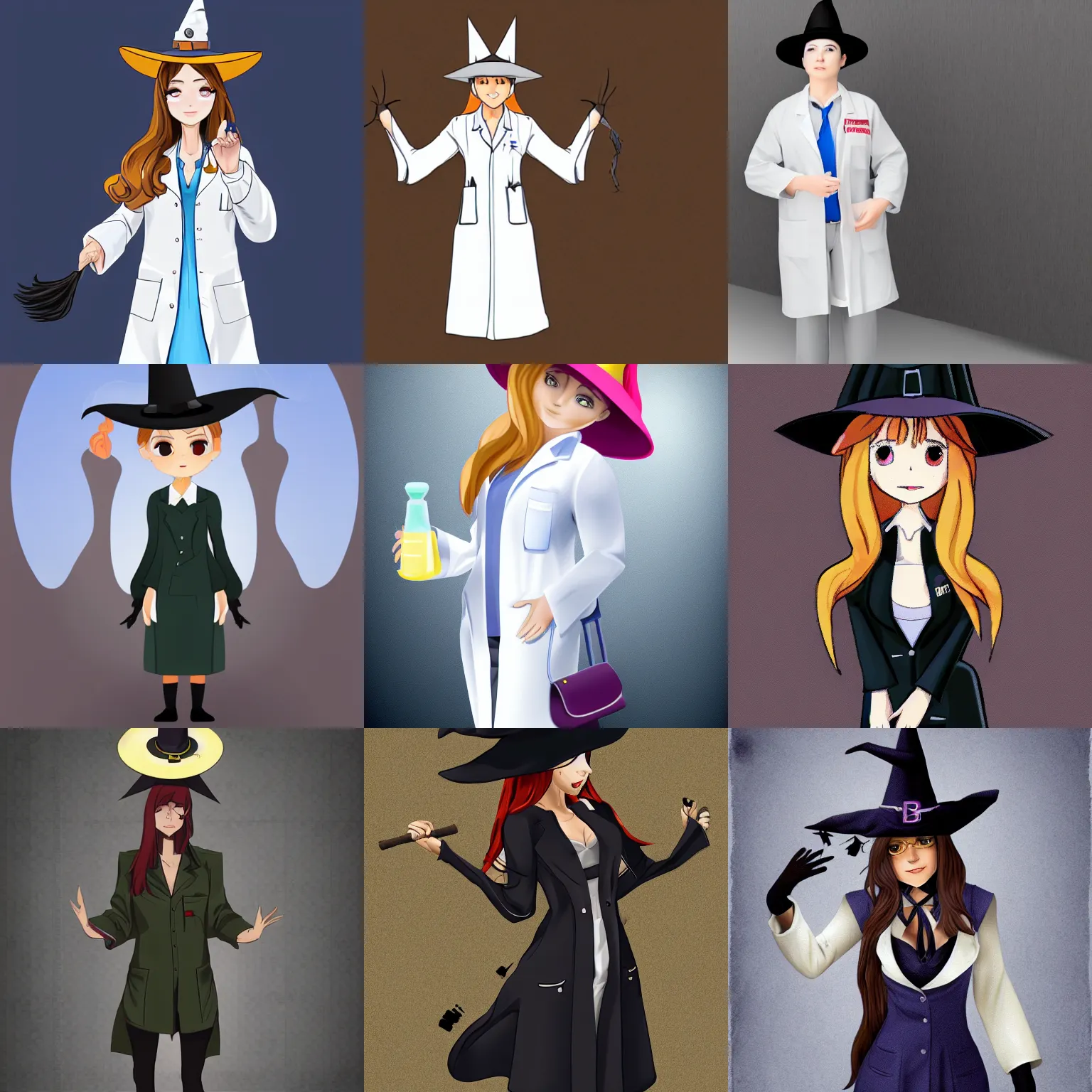 Prompt: high realistic witch full body in labcoat with witch _ hat