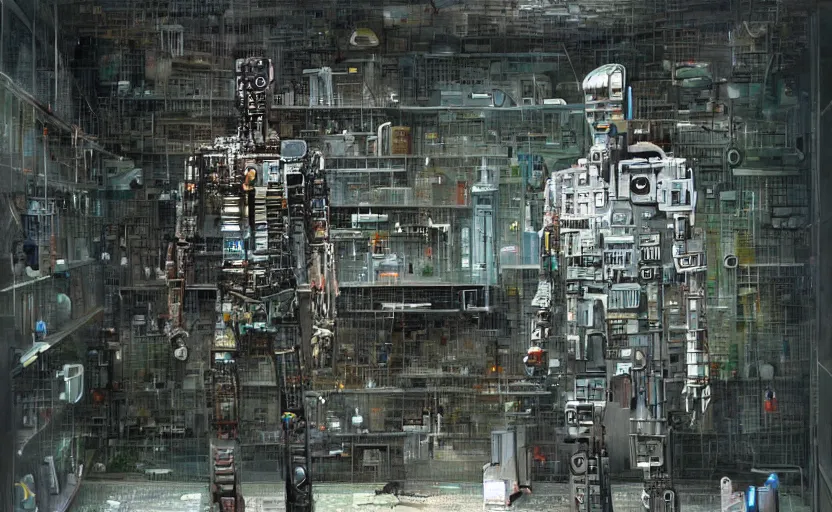 Image similar to a man made entirely of computers fused with his surroundings in a laboratory in the style of Greg rutkowski