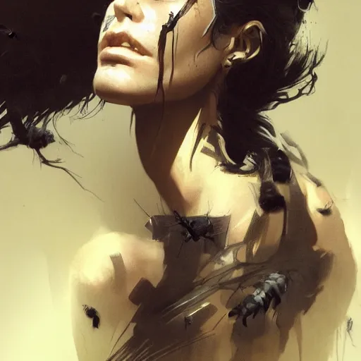 Prompt: portrait of a woman with black hair and insects coming put of her skin, dramatic lighting, illustration by Greg rutkowski, yoji shinkawa, 4k, digital art, concept art, trending on artstation