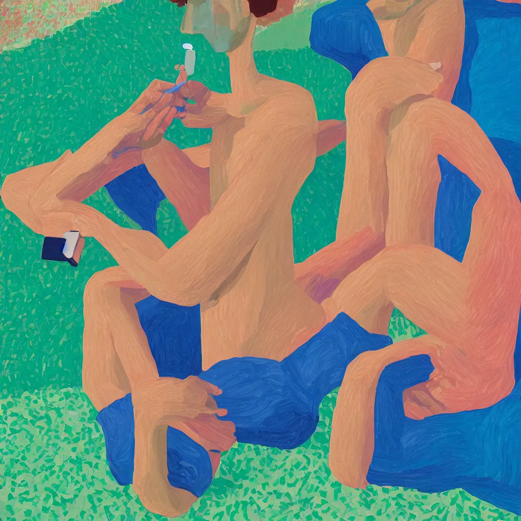 Prompt: i, a young man playing her iphone, by david hockney