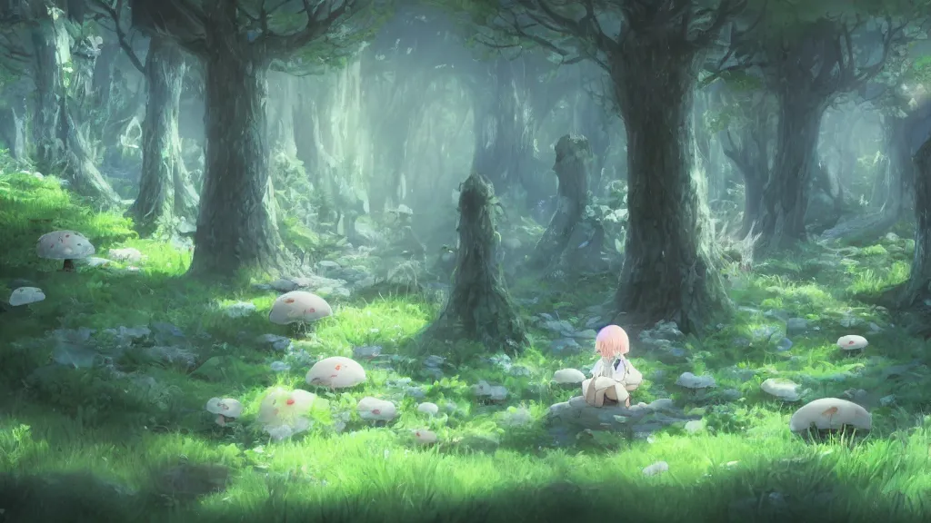 Image similar to cute monster child in the mushroom forest, concept art by Makoto Shinkai