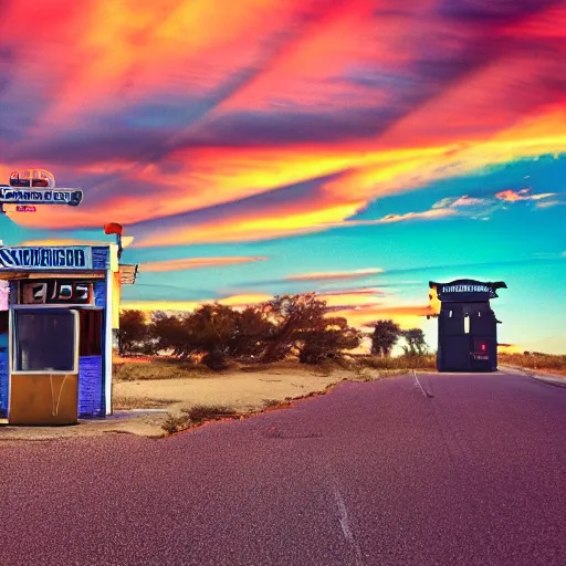 Image similar to a cute fluffy caracal in a sunset light landscape with historical route 6 6, lots of sparkling details and sun ray ’ s, blinding backlight, smoke, volumetric lighting, colorful, octane, 3 5 mm, abandoned gas station, beautiful epic colored reflections, very colorful heavenly, softlight