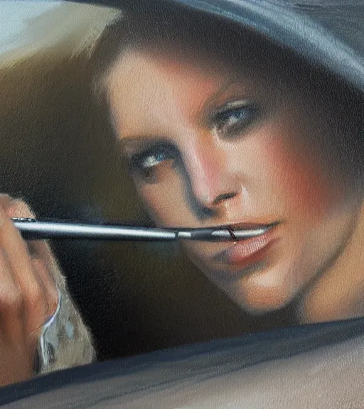 Image similar to high quality high detail painting by alberto mielgo and jaime jones, woman smoking in a car, hd