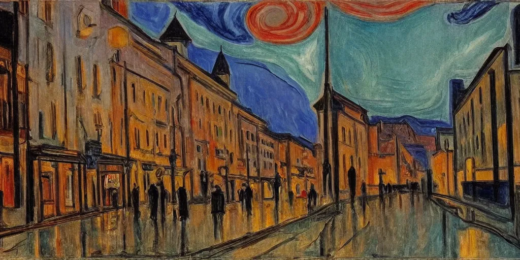 Image similar to a street scene in the first district of vienna, twilight, lights in windows, style of edvard munch, the storm