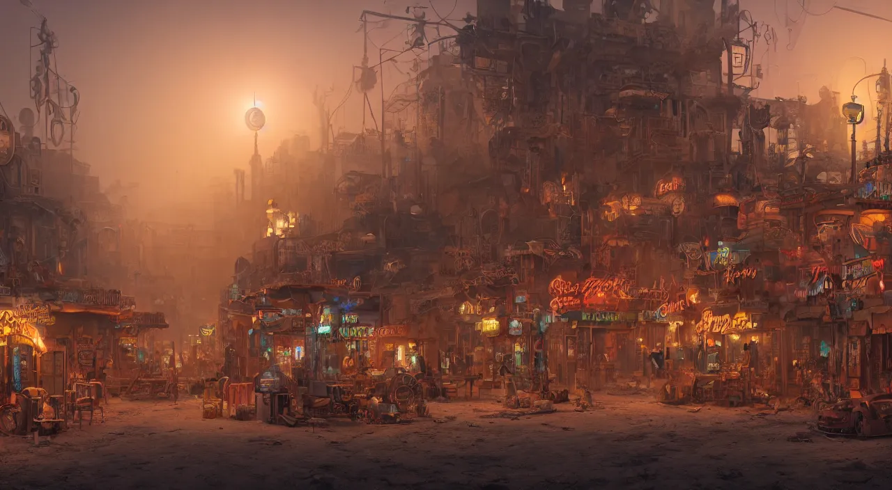 Image similar to a steampunk village in the desert at dawn, junk everywhere, neon lights, neon signs, magical atmosphere, mist, steam, photo realistic, 35mm, Matte painting, octane render, 8k, corona render, movie concept art by albert kiefer