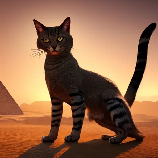 Image similar to egyptian cat, golden hour, fantasy, sharp focus, digital art, hyper realistic, 4 k, unreal engine, highly detailed, hd, dramatic lighting by brom, trending on artstation