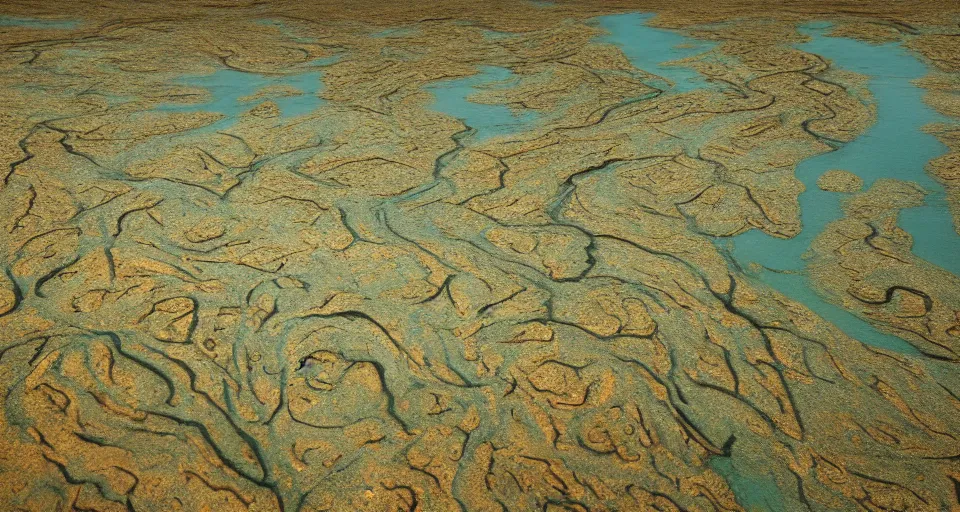 Prompt: surreal karst lanscape with aboriginal patterns flowing across the surface of the land and water, rivers, canyons, detailed, bioluminescent, octane render, volumetric light, intricate, 1 6 : 9, 8 k, octane render, studio lighting, 8 k, wex digital,