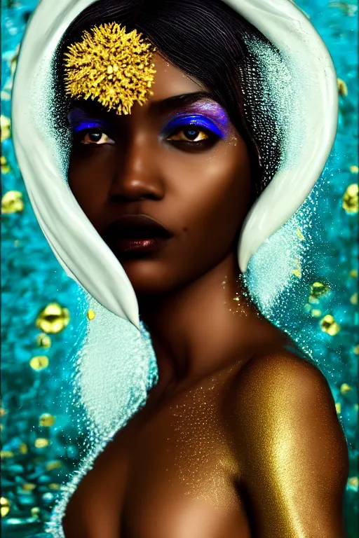 Image similar to hyperrealistic magic realism cinematic very beautiful! black oshun goddess with white! iris, in water, yoruba body paint, mirror dripping droplet!, gold flowers, highly detailed face, digital art masterpiece, smooth robert steven connett eric zener dramatic teal light, ground angle uhd 8 k, sharp focus