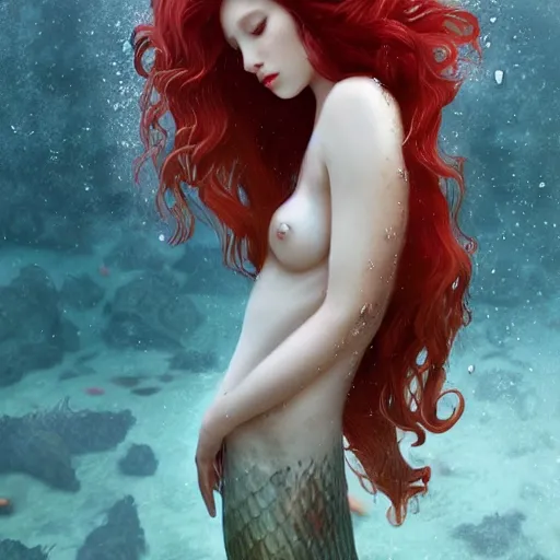 Prompt: a portrait of woman with long dark curly red hair under the water, stoic, windy, pale skin with dark scales, mermaid, alone, underwater, fish, white eyes, dramatic, epic painting, painting by wlop and nixeu, semirealism, artstation, octane render, sharpness, 8 k, golden ratio