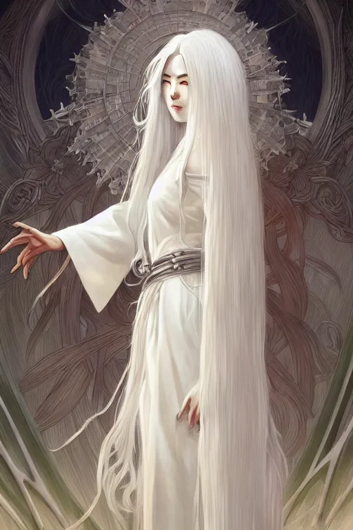 Prompt: Kaguya Ōtsutsuki, long white hair, white robe, D&D, fantasy, intricate, elegant, highly detailed, digital painting, artstation, concept art, matte, sharp focus, illustration, art by Artgerm and Greg Rutkowski and Alphonse Mucha