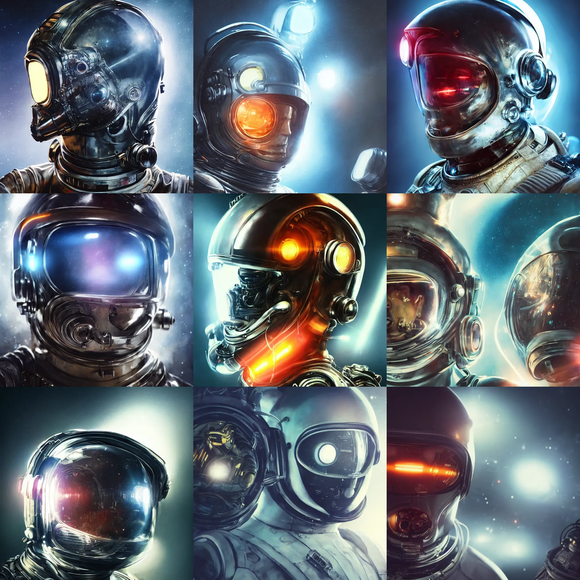 Image similar to portrait art of 8k ultra realistic retro futuristic astronaut helmet, lens flare, atmosphere, glow, detailed,intricate,blade runner, cybernetic, full of colour, cinematic lighting, trending on artstation, 4k, hyperrealistic, focused, extreme details,unreal engine 5, cinematic, masterpiece, art by ayami kojima, giger