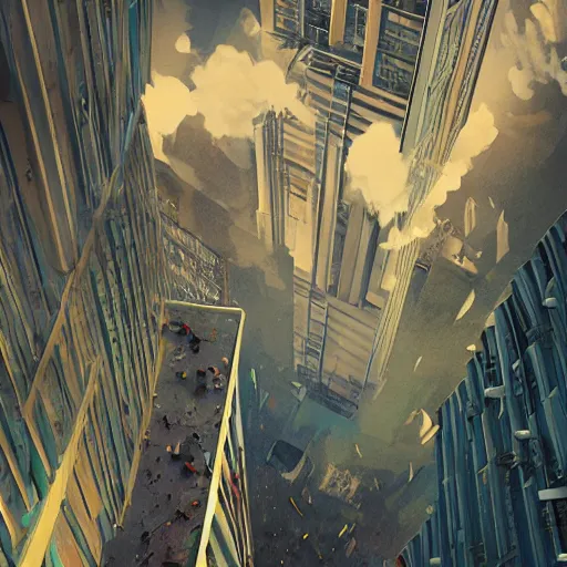 Image similar to You see yourself descending from a building to the ground, You spin to see the traffic rising up, surreal, digital art, artstation