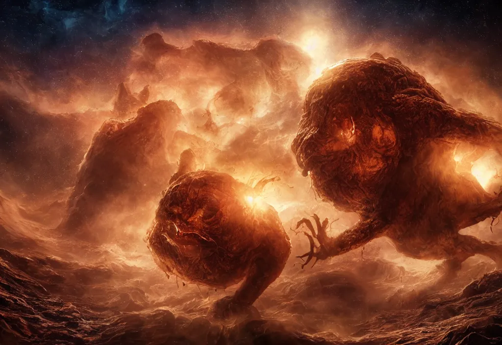 Image similar to eldritch horror bloody garfield in space, hd, 8 k, giant, epic, realistic photo, unreal engine, stars, prophecy, powerful, cinematic lighting, destroyed planet, debris, violent, sinister, ray tracing, dynamic, epic composition, dark, horrific, teeth, grotesque, monochrome drawing, hellscape, death, corpses, foreboding