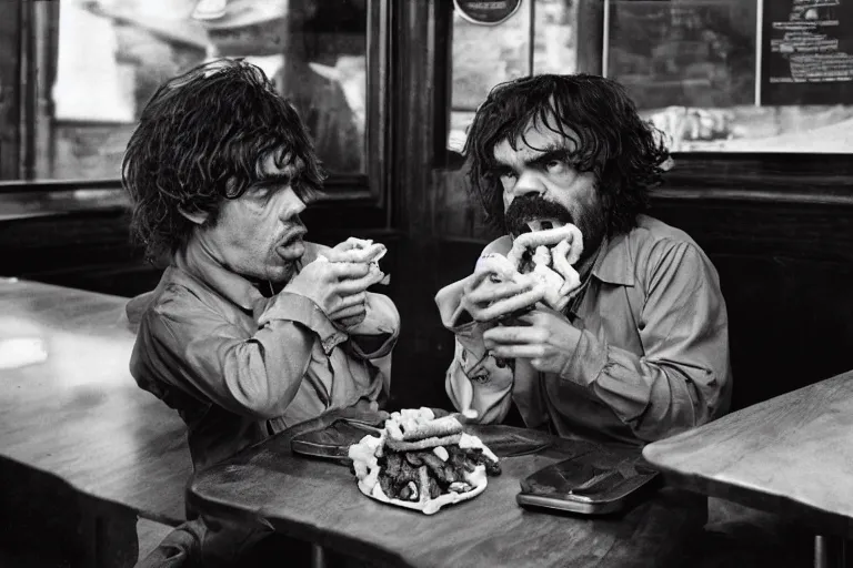 Image similar to peter dinklage at arbys eating curled fries, in the style of eugene atget and peter witkin