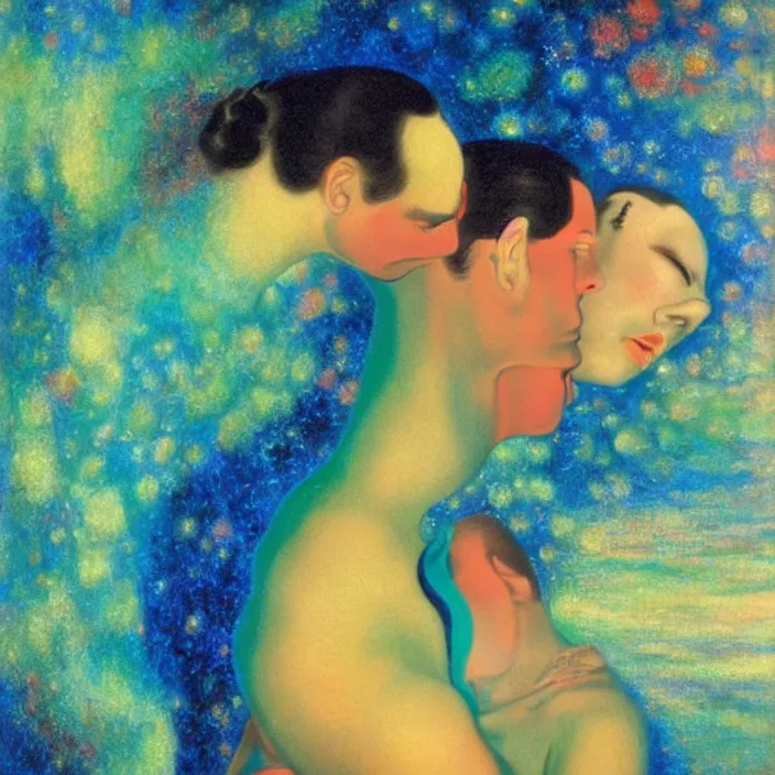 Image similar to close portrait of woman and man kissing. aurora borealis. iridescent, psychedelic lapis - lazuli, turquoise colors. painting by salvador dali, agnes pelton, utamaro, monet