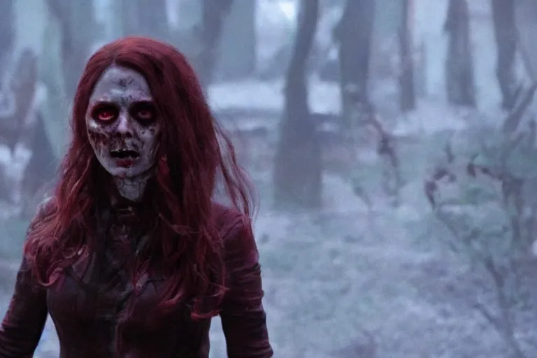 Image similar to film still of zombie Wanda Maximoff in new avengers movie, 4k