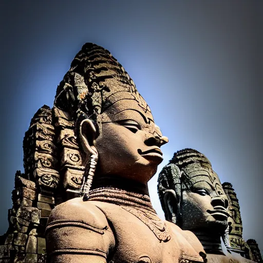 Image similar to angkor thon, asuras, giant, full body, photorealistic, photography hight quality, sharp, stones, award winning photography, canon, thierry rouzier