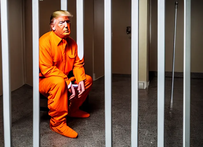 Prompt: photo of donald trump sitting in a jail cell wearing an orange jumpsuit bars in the foreground, 8 k, 3 5 mm f 2. 0