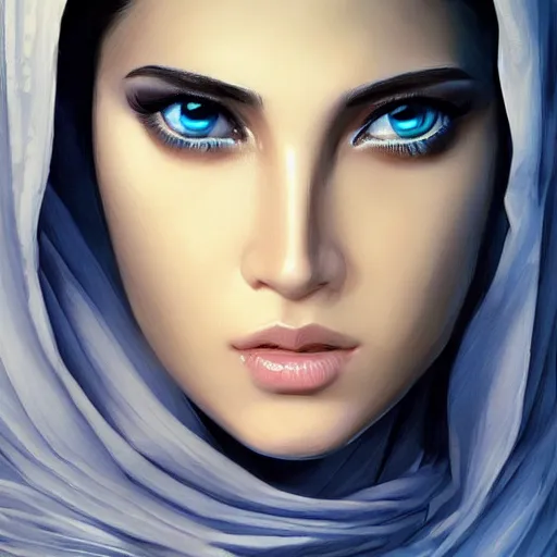 Prompt: Arab Ameera Al taweel, blue eyes, elegant, sharp focus, beautiful face, Hyper-realistic, Highly Detailed, HD, by Brom, by beeple, studio ghibli, wallpaper, highly detailed, trending on artstation