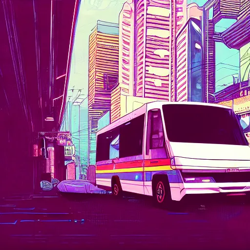 Prompt: digital painting of an RV in a cyberpunk city by Laurie Greasley, hyperdetailed, trending on Artstation