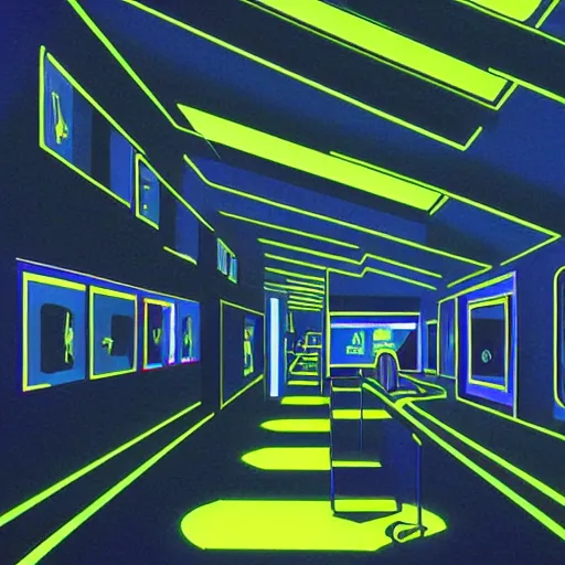 Image similar to low light museum, sparse room, black walls, dark lighting, blue oled lights in corners, soft neon lights, dark showroom, cel - shading, 2 0 0 1 anime, flcl, jet set radio future, the world ends with you, kid a, cel - shaded, strong shadows, vivid hues, y 2 k aesthetic, art by artgerm