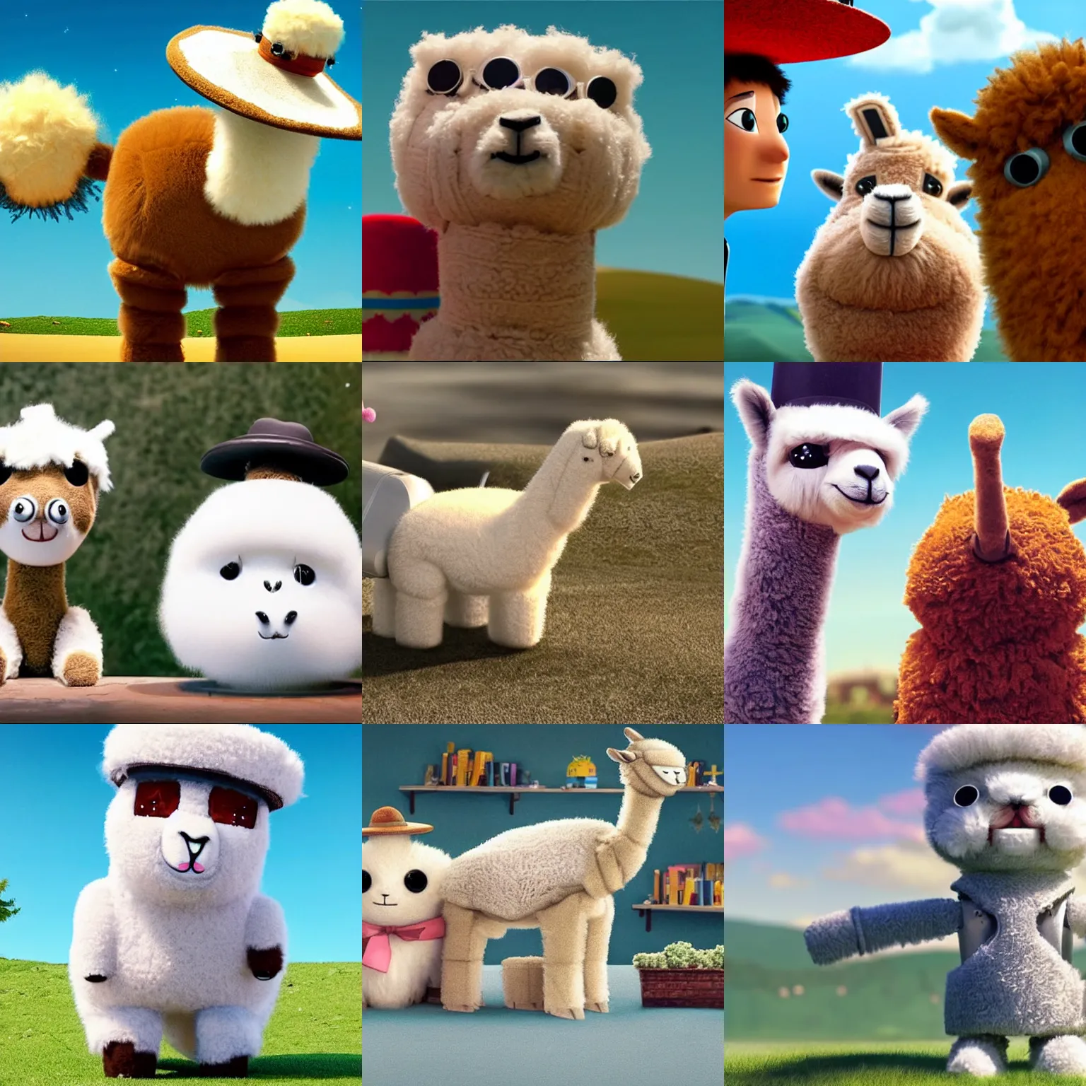Prompt: an adorably fluffy robot alpaca wearing a sombrero looks very high, funny animated movie, award winning