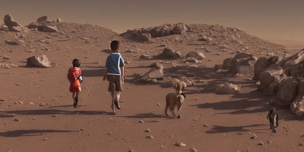 Image similar to a child taking his dog for a walk in the human settlement main city on Mars, 4k, high detail