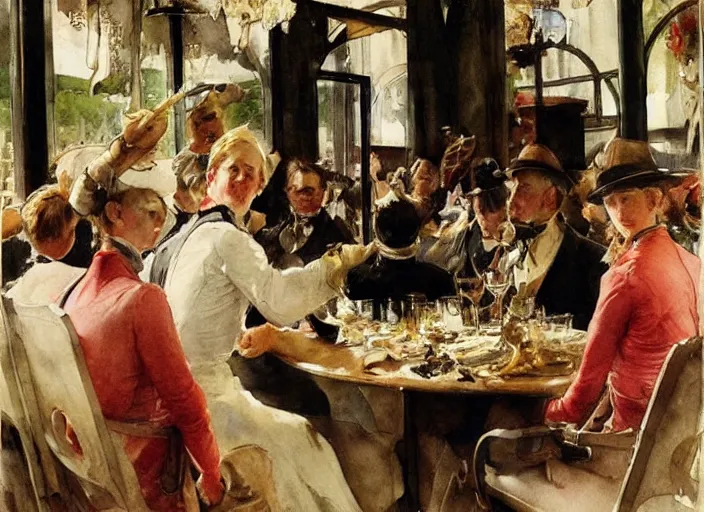 Image similar to gentlemens dinner, blonde waitresses, masterpiece, meat, wine, schnapps, watercolor by anders zorn and carl larsson, art nouveau