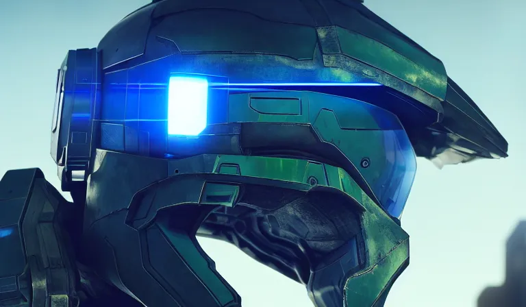 Image similar to cyberpunk halo helmet on space, planet behind, close shot, reflection, epic, dramatic, cinematic, award winning, ultra detailed, realistic, 8k,