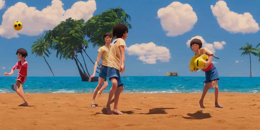 Image similar to a film still of a scene, where children playing football and badminton, a sunny and colourful beach scene in hawaii, the weather is very windy. wide shot, wes anderson, studio ghibli, pixar and disney animation, sharp, rendered in unreal engine 5, anime key art by greg rutkowski, bloom, dramatic lighting