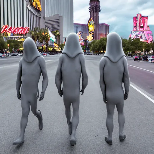 Image similar to actual photography of grey aliens walking along the Las Vegas strip, award winning, high def,