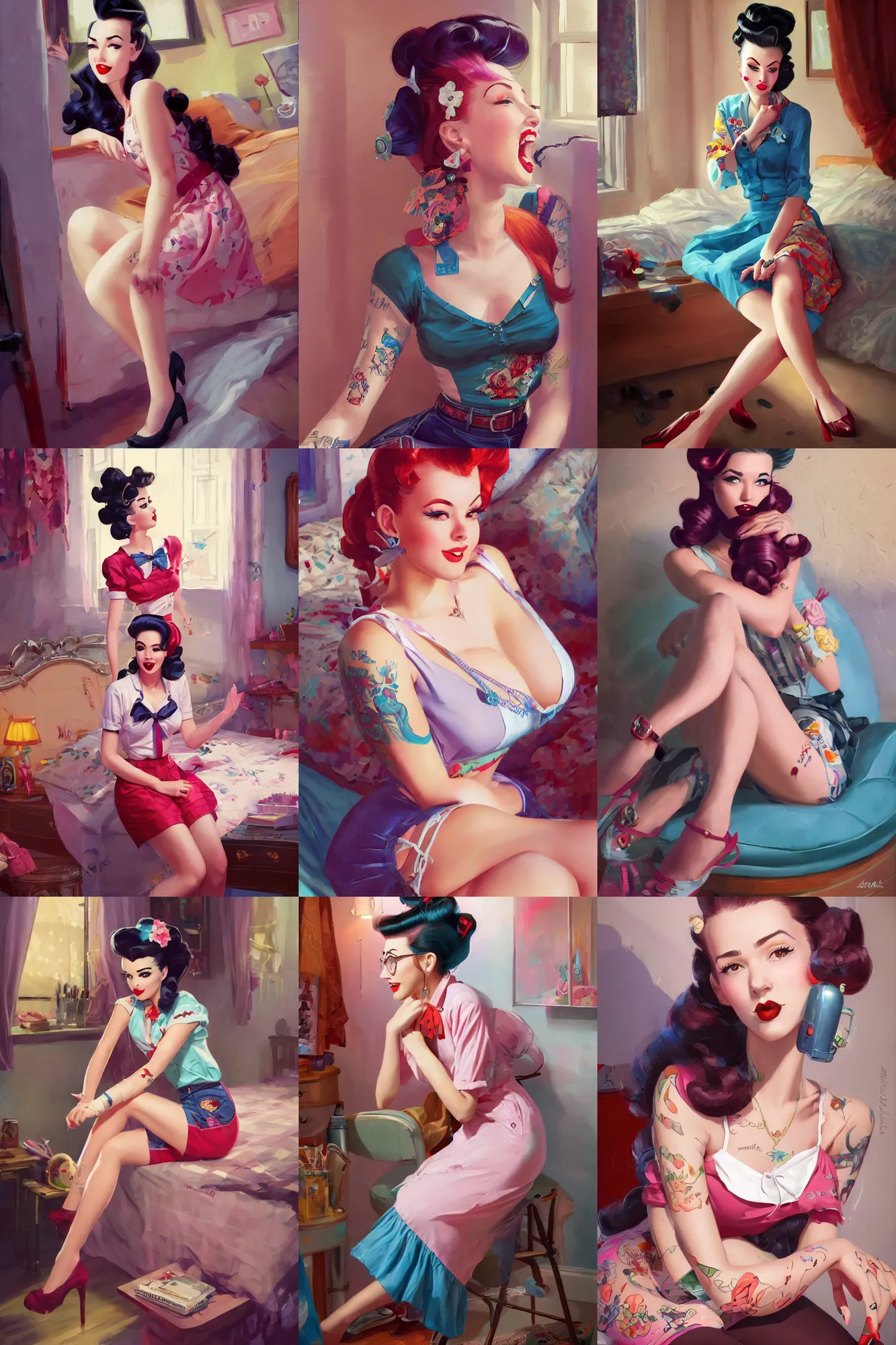 Prompt: a beautiful rockabilly girl sitting in her bedroom | | cute - fine - subtle smile, colorful hair, face, pretty face, fine details by stanley artgerm lau, wlop, rossdraws, james jean, andrei riabovitchev, marc simonetti, and sakimichan, trending on artstation
