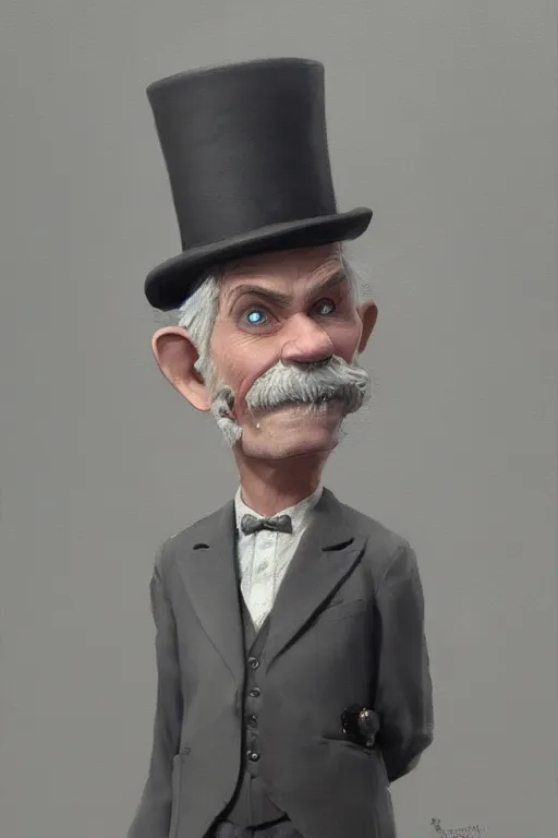 Prompt: a grey hair ageing halfling short with stubble top hat and suit by Greg Rutkowski, painting, HD, high details, trending on artstation