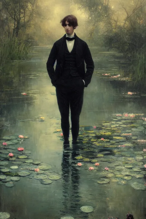 Image similar to detailed cinematic moody colors studio portrait of a young victorian gentleman in a beautiful victorian water pond, water lilies, high quality by jeremy mann, only one head single portrait