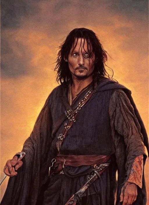 Prompt: johnny depp as aragorn, character painting by alan lee and john howe, at sunset, concept art, matte painting