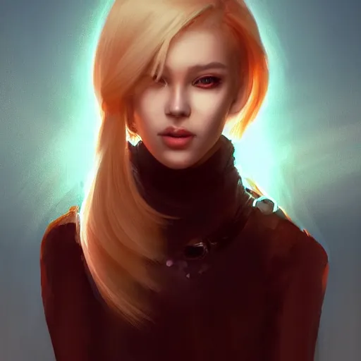 Image similar to a digital painting of a woman with blonde hair, a character portrait by feng zhu, cgsociety, fantasy art, ethereal glow, light white rainbow nails and a glowing chromatic sword behind her, artstation hq, artstation hd, fantasy